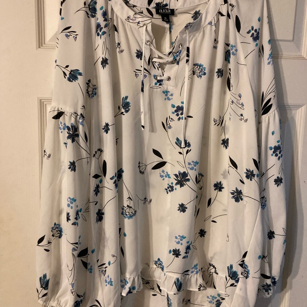 a.n.wa Floral blouse. White with blue flowers.  Size x large